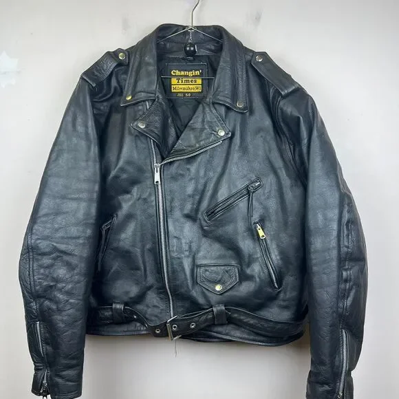 Vintage 90s Black leather biker jacket size XL 